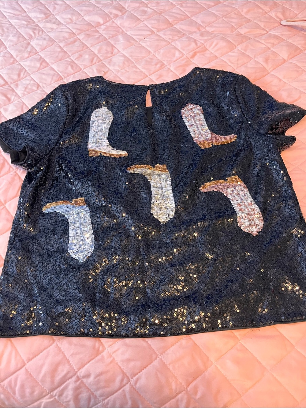 & Other Stories Black Sequin Top with Metallic Boot Motifs